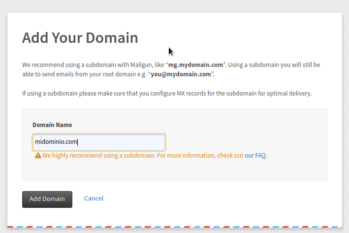 Agregar dominio en mailgun